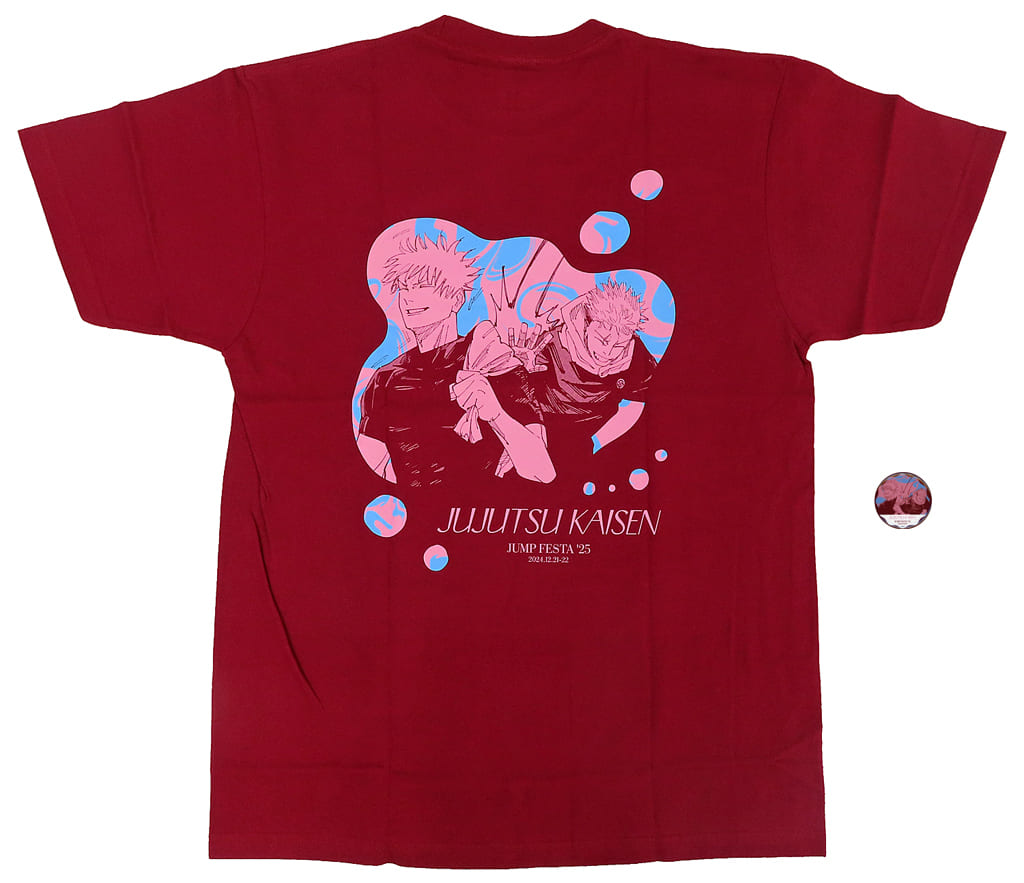 Tシャツ 五条悟＆虎杖悠仁 缶バッジ付きTシャツ ワインレッド