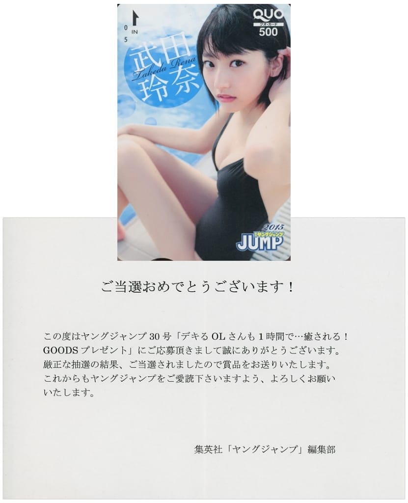 女性アイドル・俳優系金券　「クオカード500 武田玲奈 [当選通知書付き]」 週刊ヤングジャンプ 2019年No.33 抽プレ 駿河屋 -<中古>「クオカード500 武田玲奈 [当選通知書付き