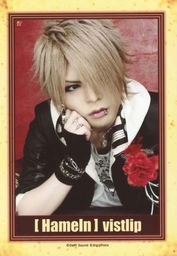 Official Photo Male Visual Kei Band Vistlip Chi Upper Body Costume Black White Right Hand Cheek Flower Frame Yellow Background Red