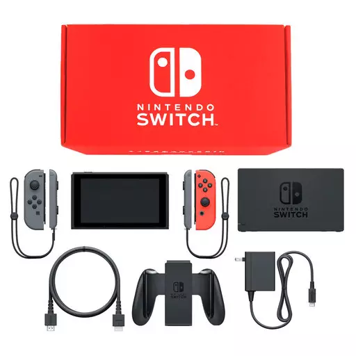 Nintendo Switch本体 カラーカスタマイズ /Joy-Con(L)グレー(R)ネオンレッド/Joy-Conストラップ(L/R)グレー(コントローラ状態難)