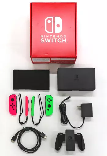 Nintendo Switch本体(有機ELモデル)カラーカスタマイズ/Joy-Con(L)ネオンピンク(R)ネオングリーン/Joy-Conストラップ：ネオンピンク/ネオングリーン(コントローラ状態難)