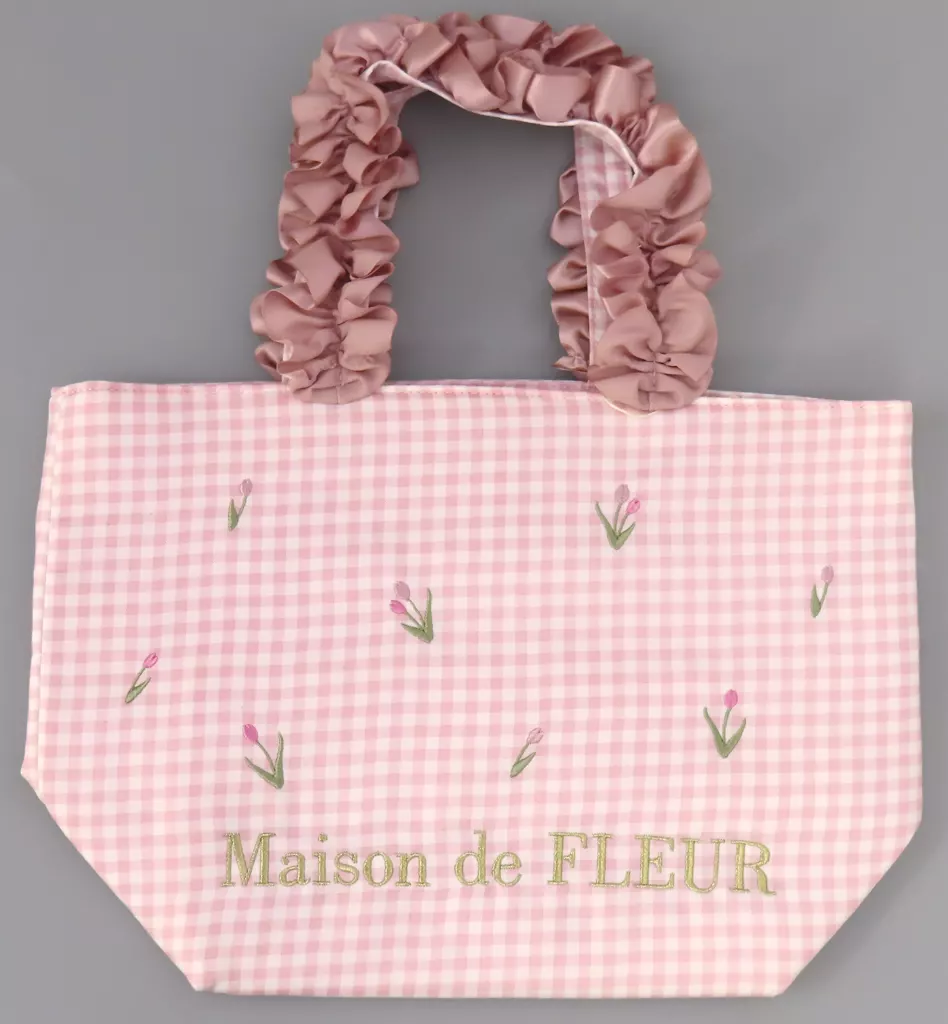 バッグ　ギンガムチューリップ ピンク ブランドロゴフリルトートバッグ Maison de FLEUR