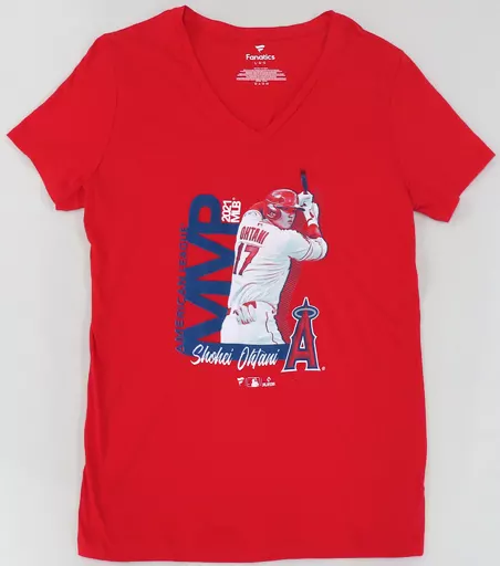 Tシャツ　大谷翔平#17(ロサンゼルス・エンゼルス) Fanatics 2021ア・リーグMVP記念 VネックTシャツ レッド レディースLサイズ