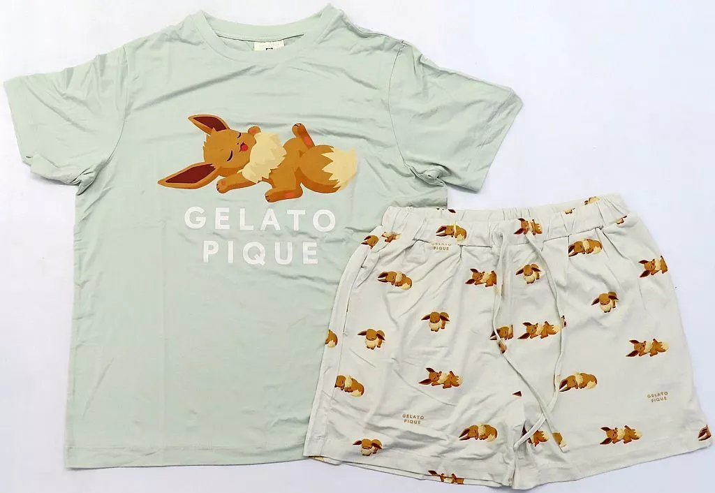 衣料雑貨　イーブイ 接触冷感プリントTシャツ＆ショートパンツセット ミントグリーン レディースフリーサイズ 「ポケットモンスター Pokemon Sleep meets GELATO PIQUE」
