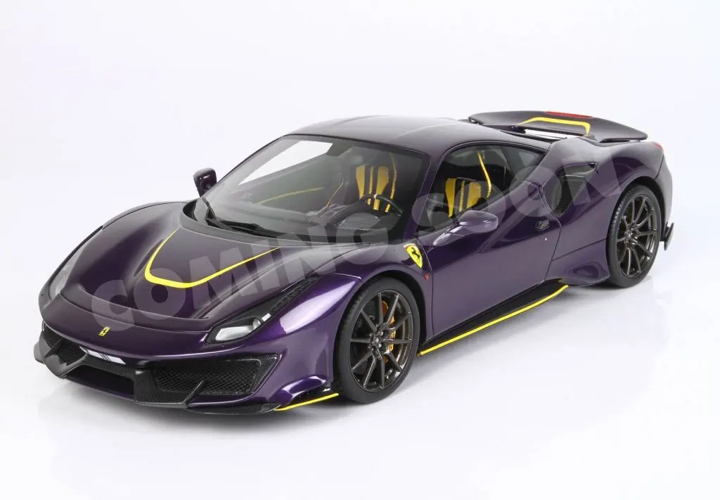 1/18 Ferrari 488 Pista - metal diecast - full open Violet Hong Kong with yellow accents - POLYFOAM PACK [HE180055VIO]