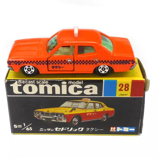 1/65 ニッサン セドリック タクシー(オレンジ/黒箱/日本製) 「トミカ No.28」(箱に切り取り有り)