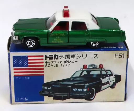 1/77 キャデラックBERGEN COUNTRY POLICE ポリスカー アメリカンポリスカーフェア用特別限定車A(グリーン×ホワイト/青箱/日本製) 「トミカ 外国車シリーズ F51」