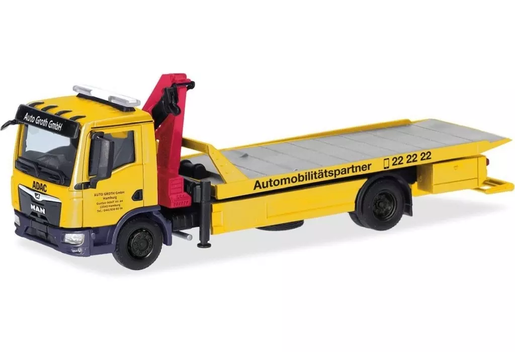 ミニカー　1/87 MAN TGM フラットロートラック/伸縮クレーン付 ”ADAC” [HE318679]