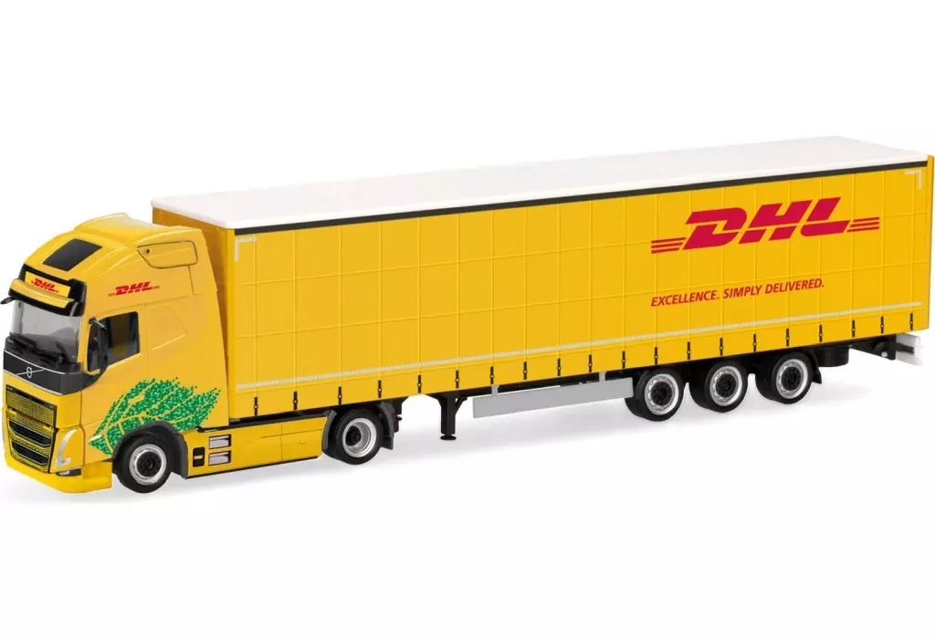 ミニカー　1/87 ボルボ FH GL XL 電動ローライナーカーテンキャンバスセミトレーラー ”DHL” [HE318952]