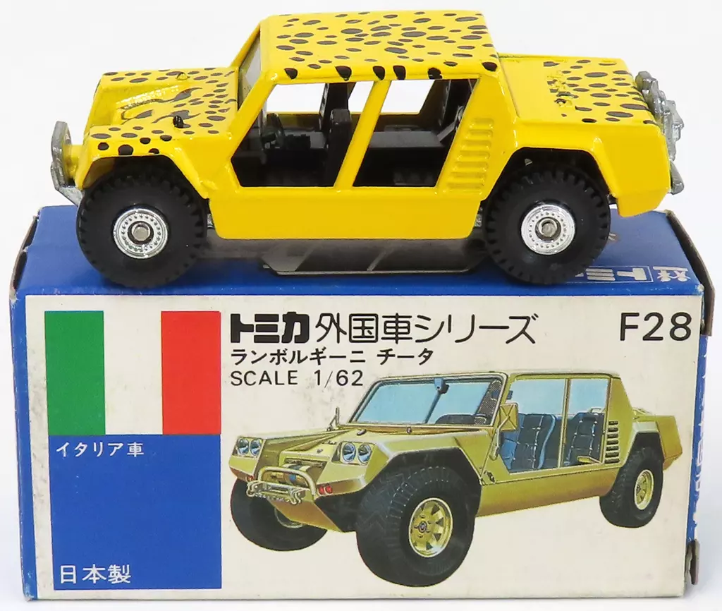 ミニカー　1/62 ランボルギーニ チータ(イエロー×ブラック/青箱/日本製) 「トミカ 外国車シリーズ F28」