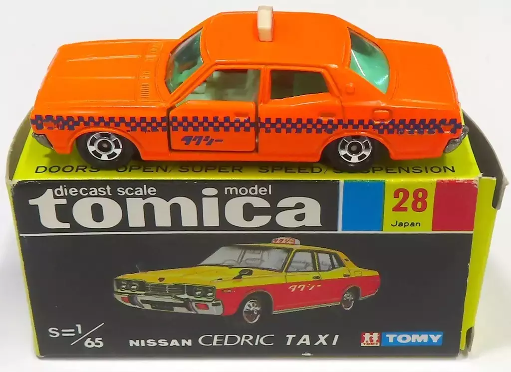 1/65 ニッサン セドリック タクシー(蛍光オレンジ/黒箱/日本製) 「トミカ No.28」(箱に切り取り有り)