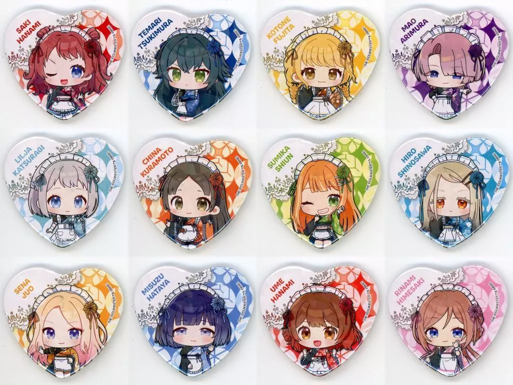 全12種セット 「学園アイドルマスター×にっぽん、グルメ街道 ホログラムハート型缶バッジ 02/和装メイドver.(ミニキャライラスト)」