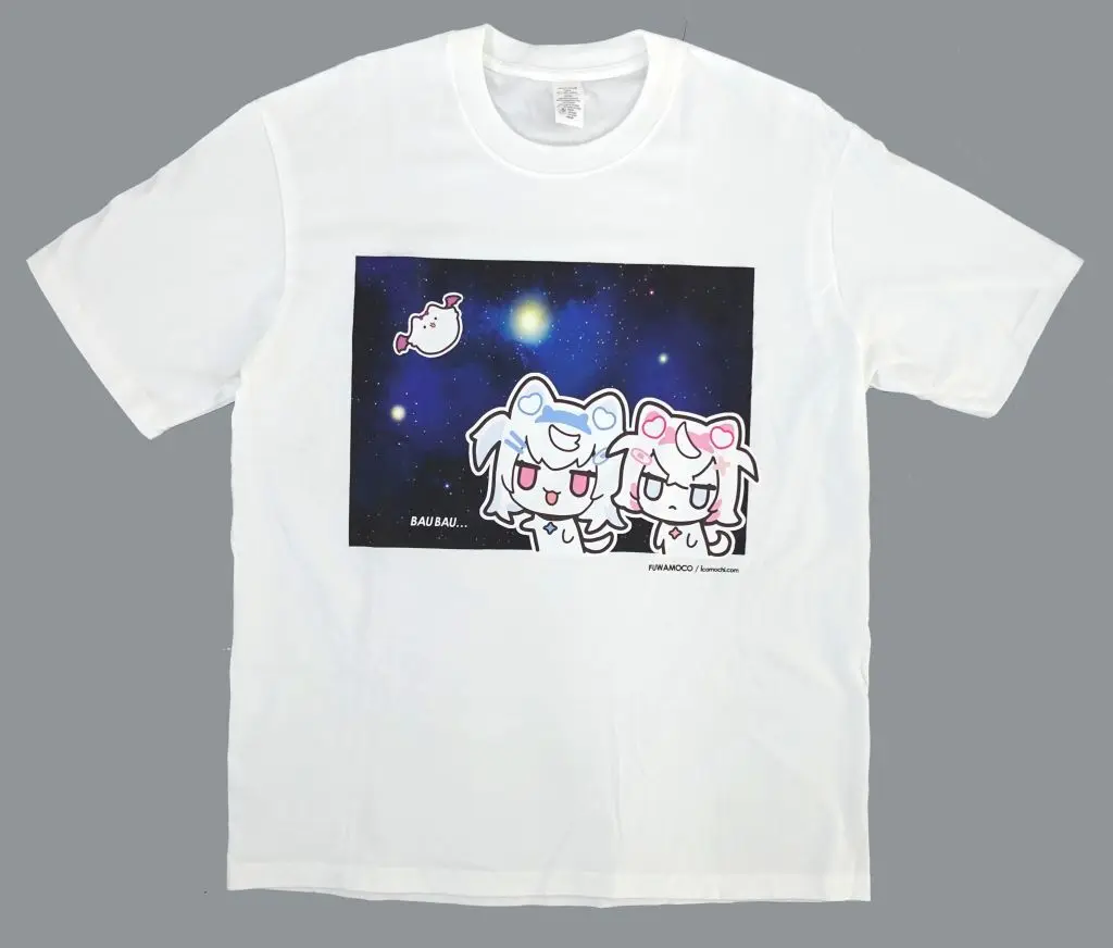 【ホロライブプロダクション】フワモコ宇宙Tシャツ ホワイト XLサイズ フワワ・アビスガード＆モココ・アビスガード(イコモチ) ホロクル9th/Icomochi