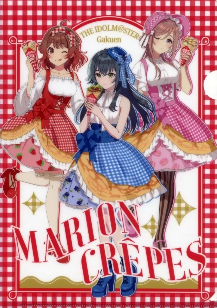 月村手毬＆花海佑芽＆姫崎莉波 クレープ風ドレスver.(描き下ろしイラスト) A4クリアファイル 「学園アイドルマスター×マリオンクレープ」