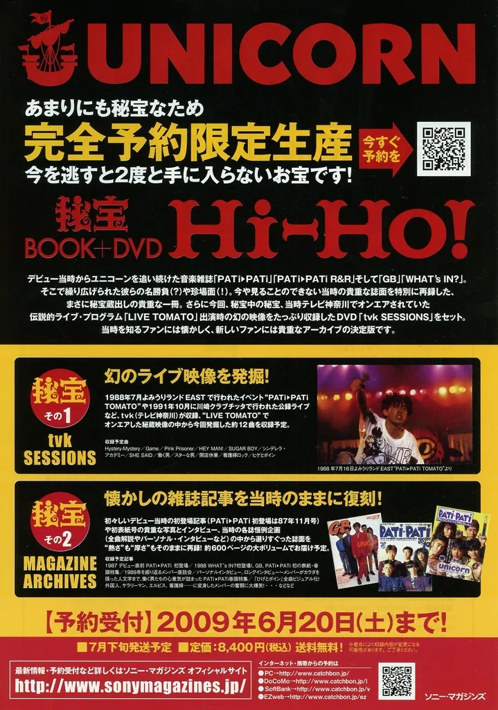 ユニコーン Hi-Ho！/秘宝/BOOK+DVD/完全予約限定生産/おまけ付 駿河屋 -<中古><<演劇>> UNICORN 秘宝BOOK＋DVD Hi-HO! (完全予約限定